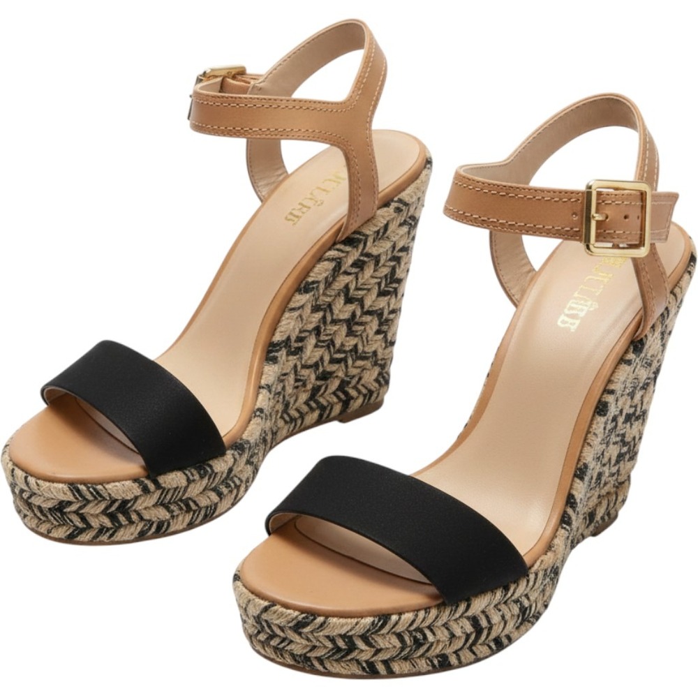 JustFab Womens Black Tan Woven Metallic Espadrille Wedge Sandals Ankle S10 Strap